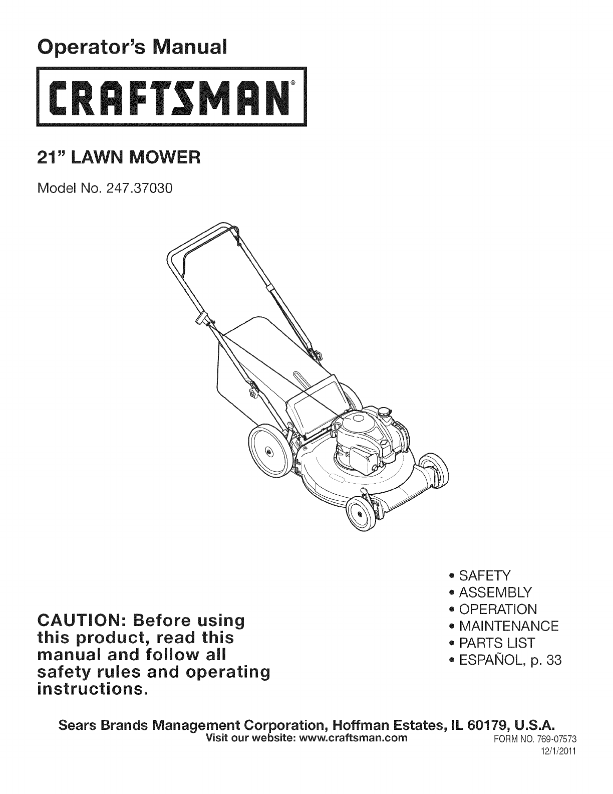 Craftsman 24737030 User Manual MOWER Manuals And Guides 1112376L