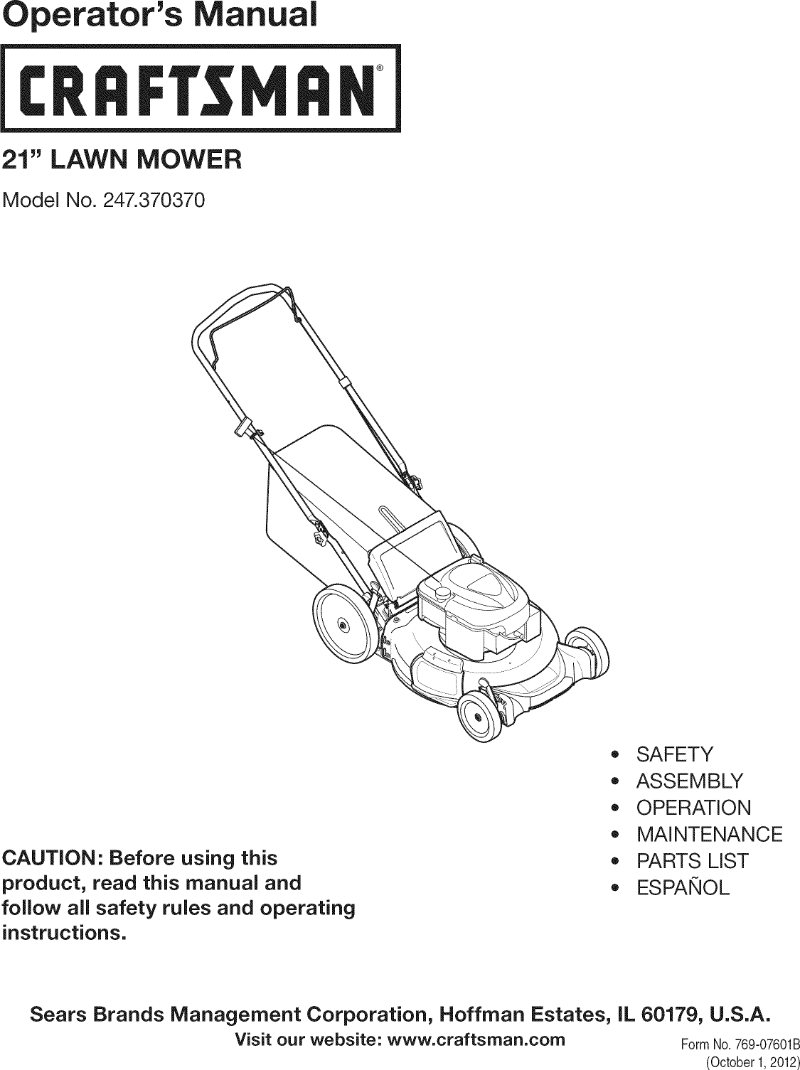 Craftsman 247370370 User Manual MOWER Manuals And Guides 1301421L