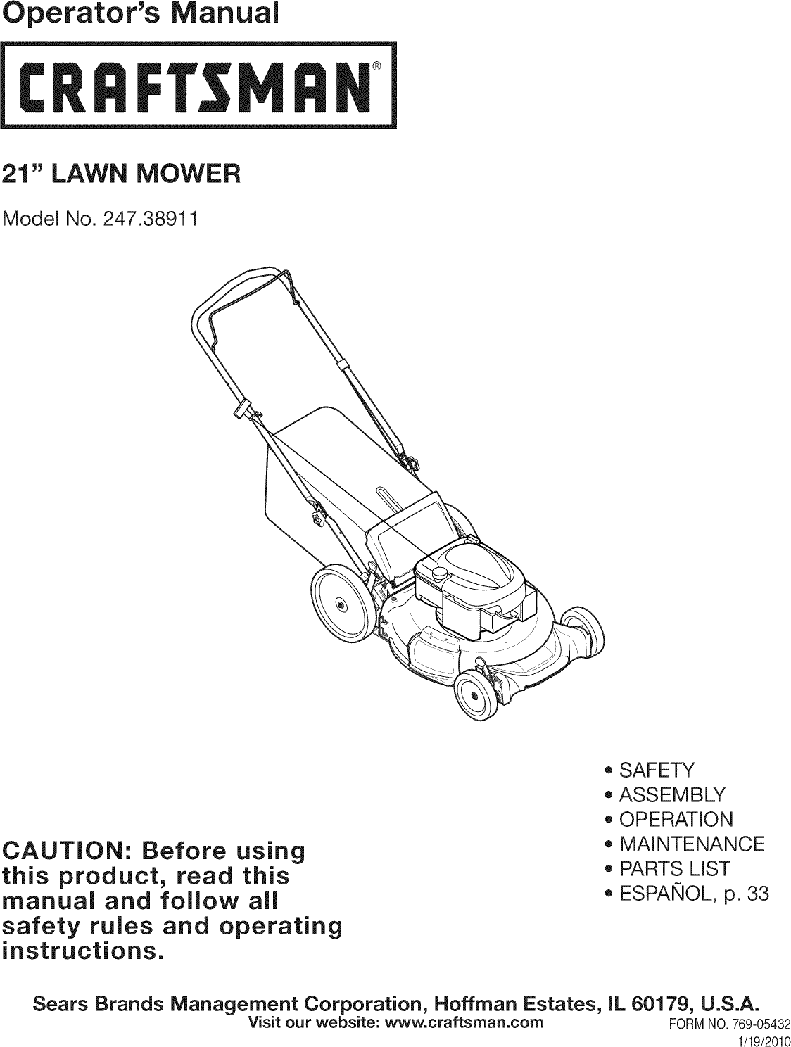 Craftsman 24738911 User Manual LAWN MOWER Manuals And Guides L1001453