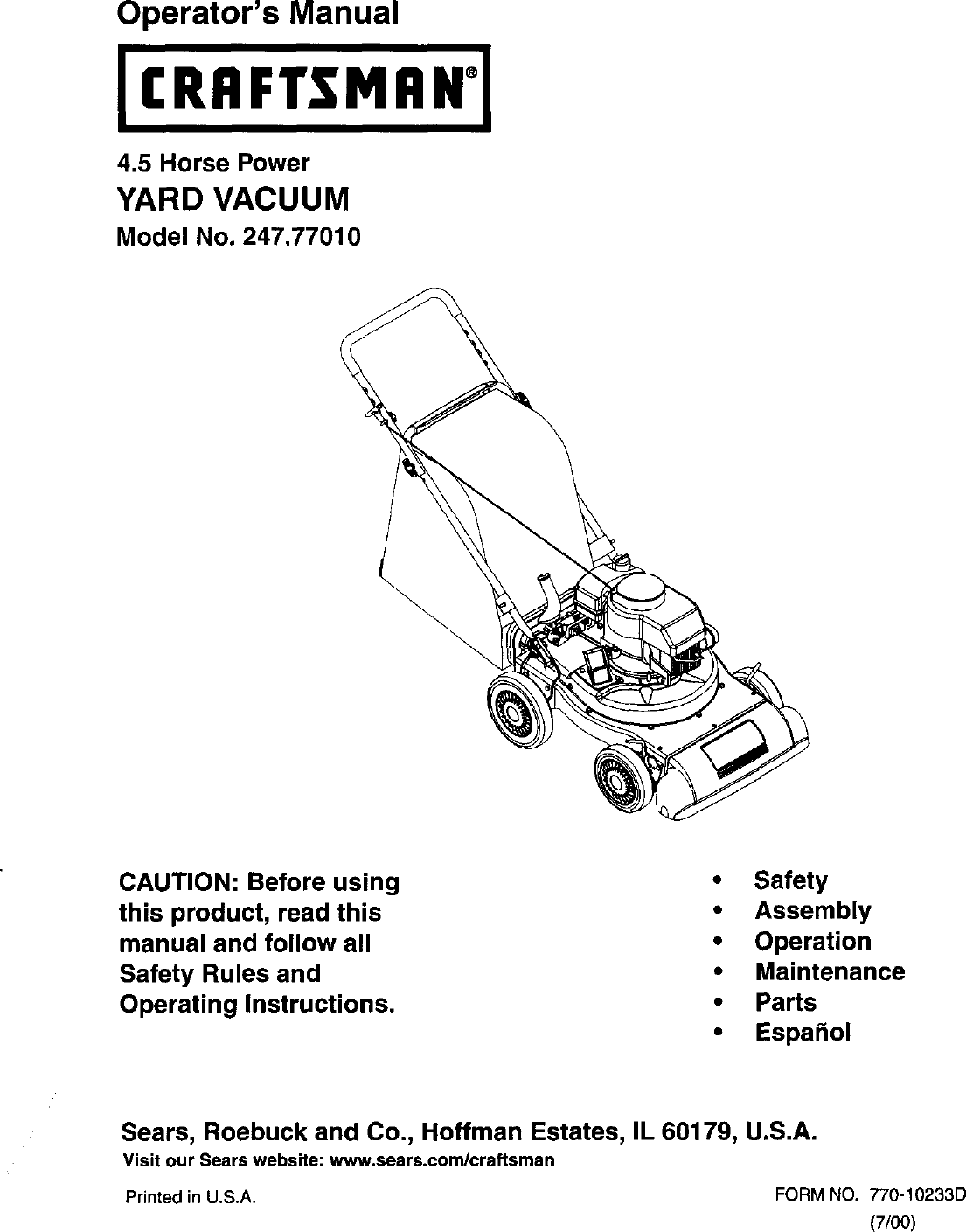 Craftsman 24777010 User Manual 4.5 HP YARD VACUUM Manuals And Guides