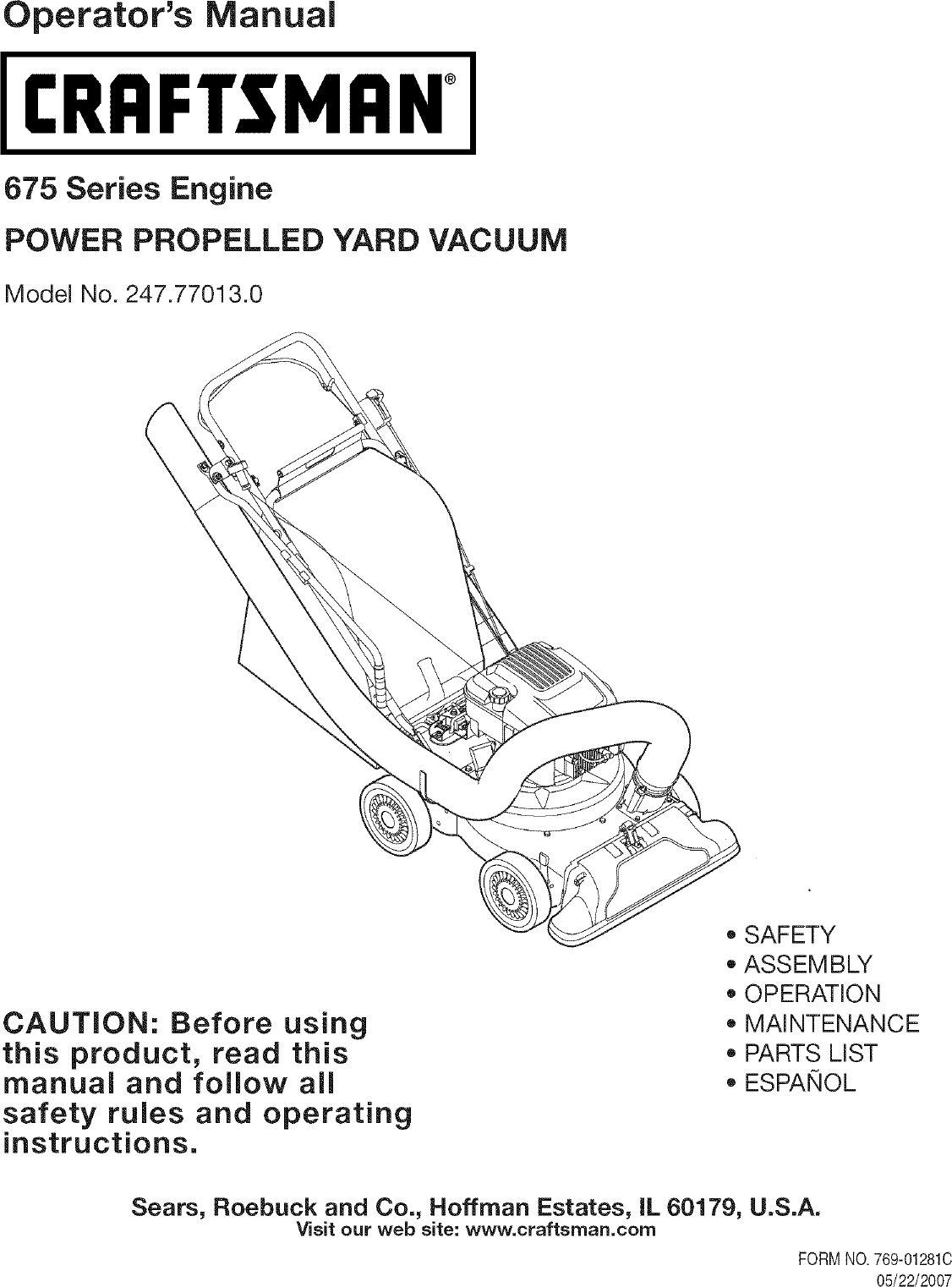 Craftsman 247770130 User Manual YARD VACUUM Manuals And Guides LR708115