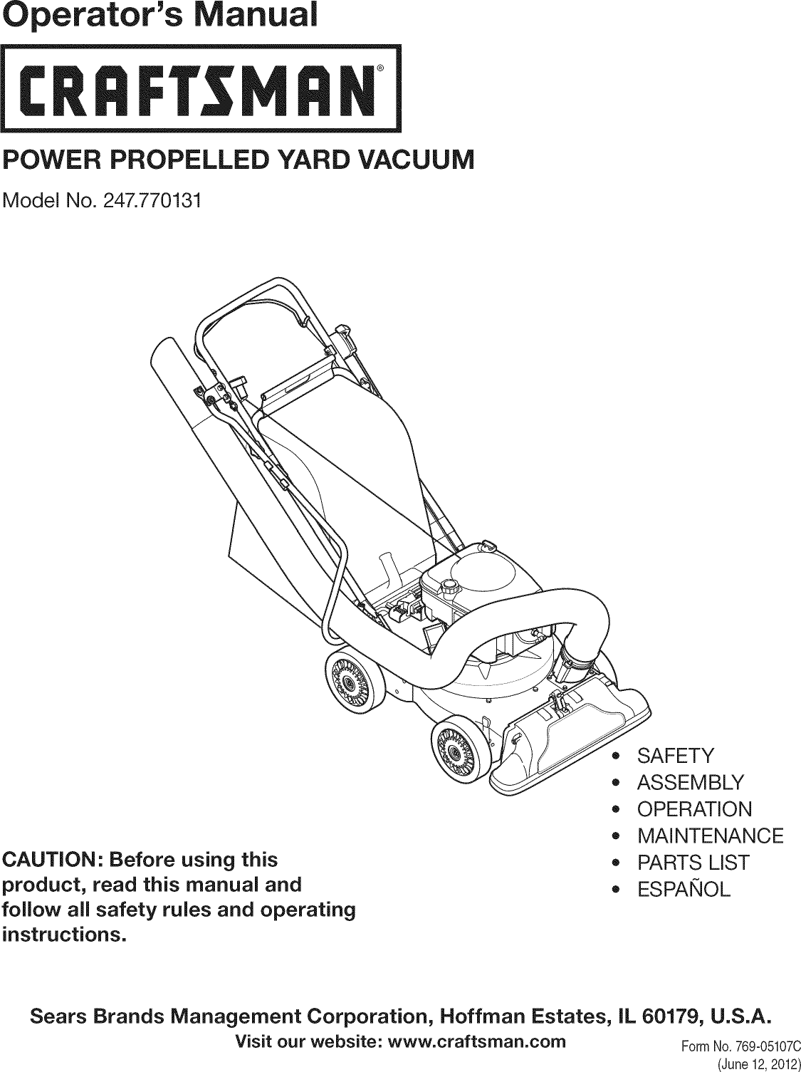 Craftsman 247770131 User Manual YARD VACUUM Manuals And Guides 1206437L