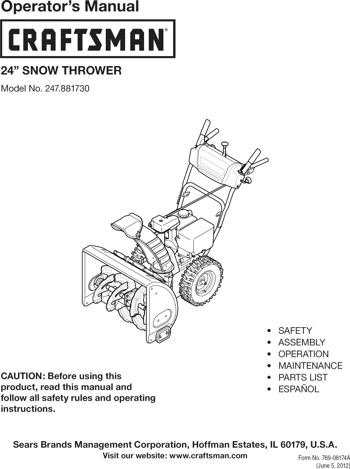 Craftsman 247881730 User Manual SNOW THROWER Manuals And Guides 1206444L