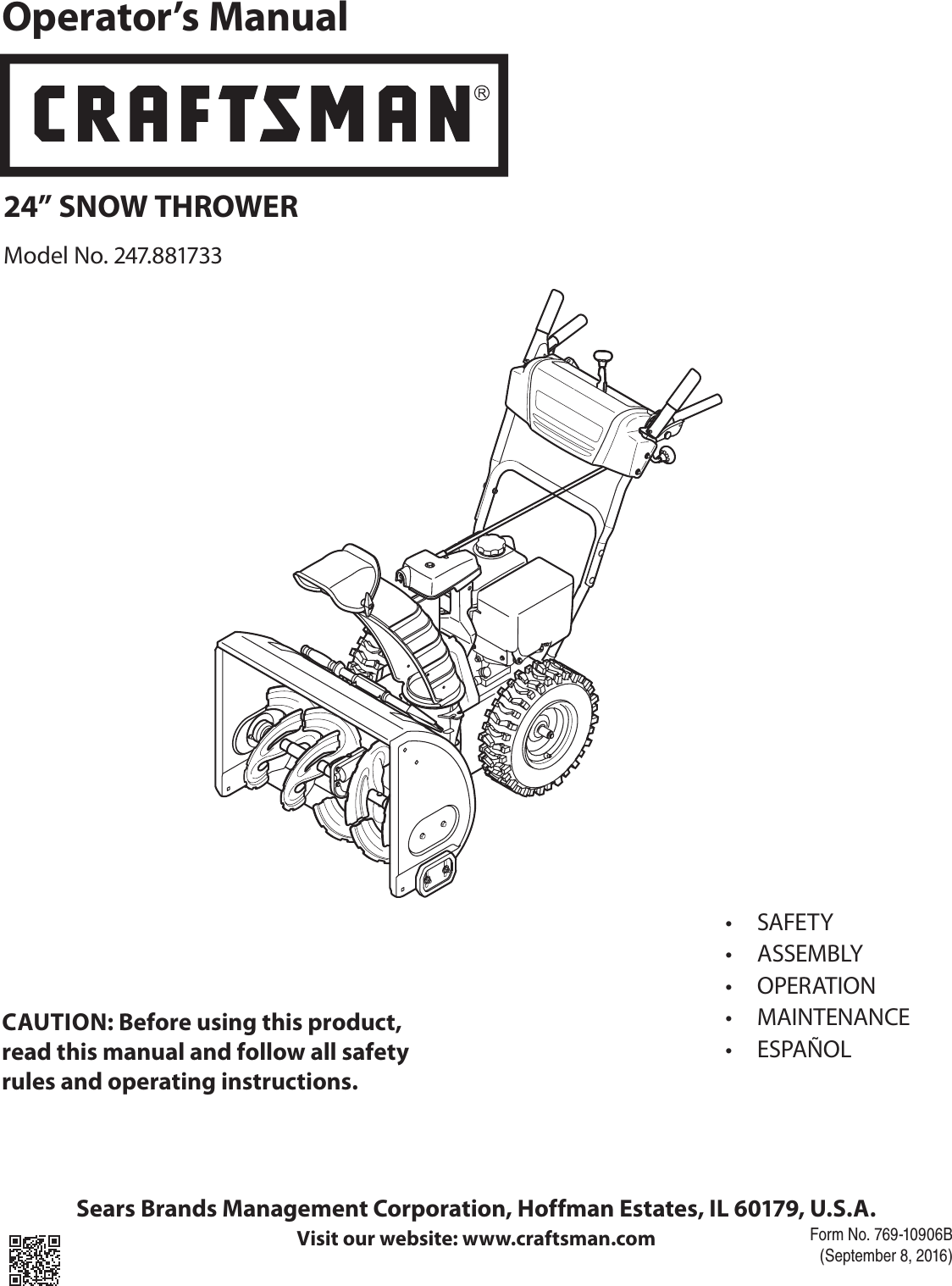 Craftsman 247881733 User Manual SNOW THROWER Manuals And Guides 1609189L