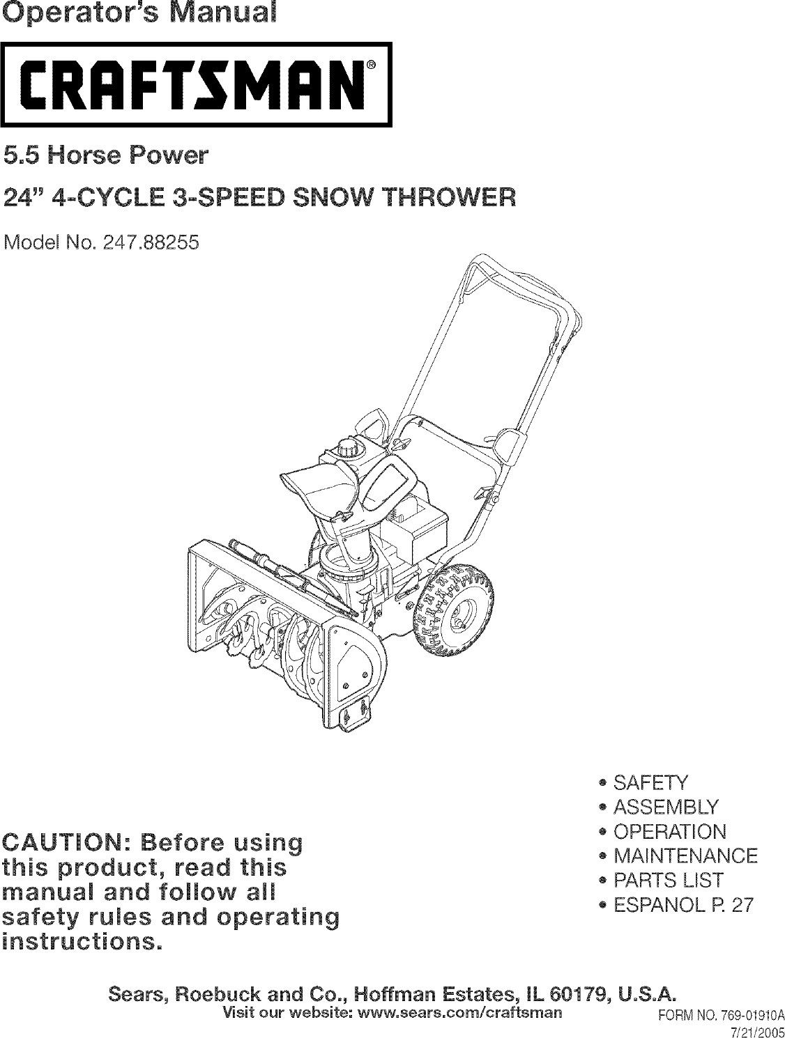 Craftsman 247882550 User Manual SNOW THROWER Manuals And Guides L0522279