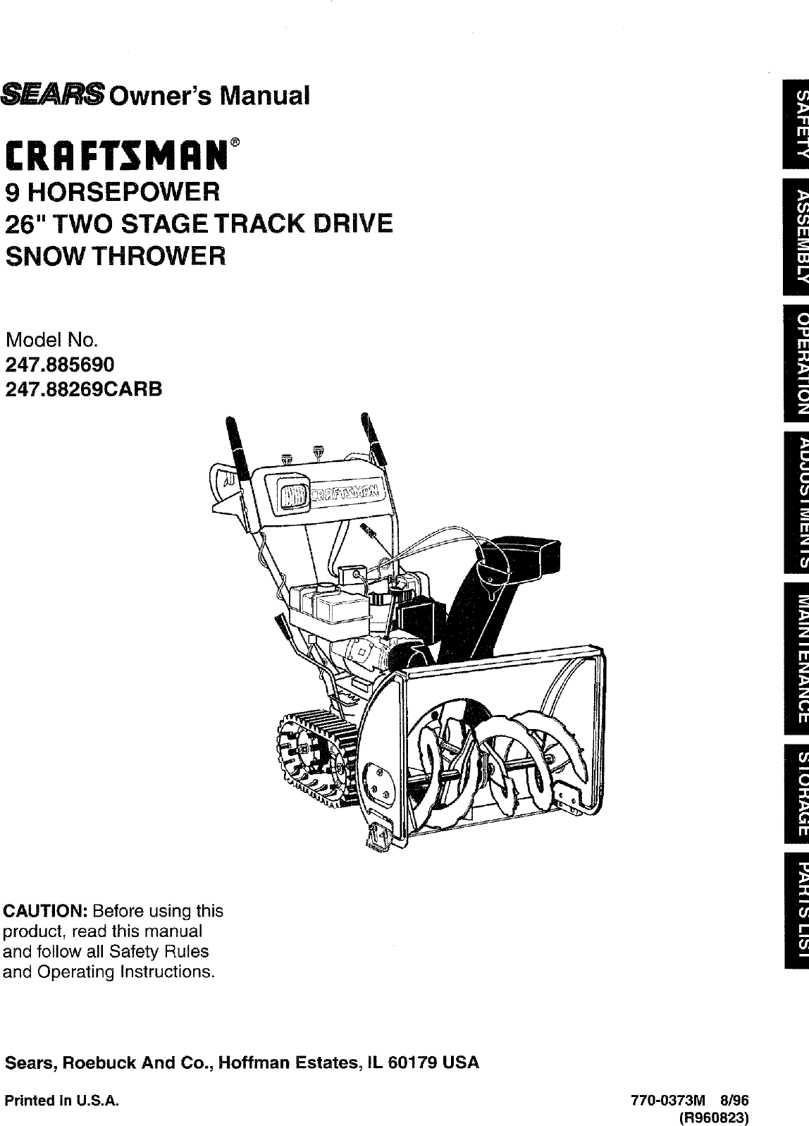 Craftsman 247885690 User Manual Snow Thrower Manuals And Guides L0801112