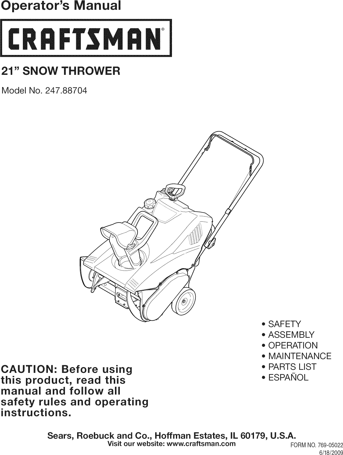Craftsman 247887040 User Manual SNOW THROWER Manuals And Guides L0907488