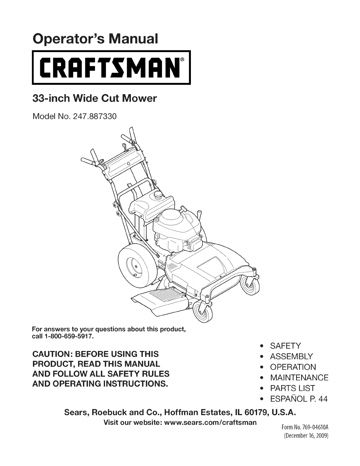 Craftsman 247887330 User Manual 33 WIDE CUT MOWER Manuals And Guides ...