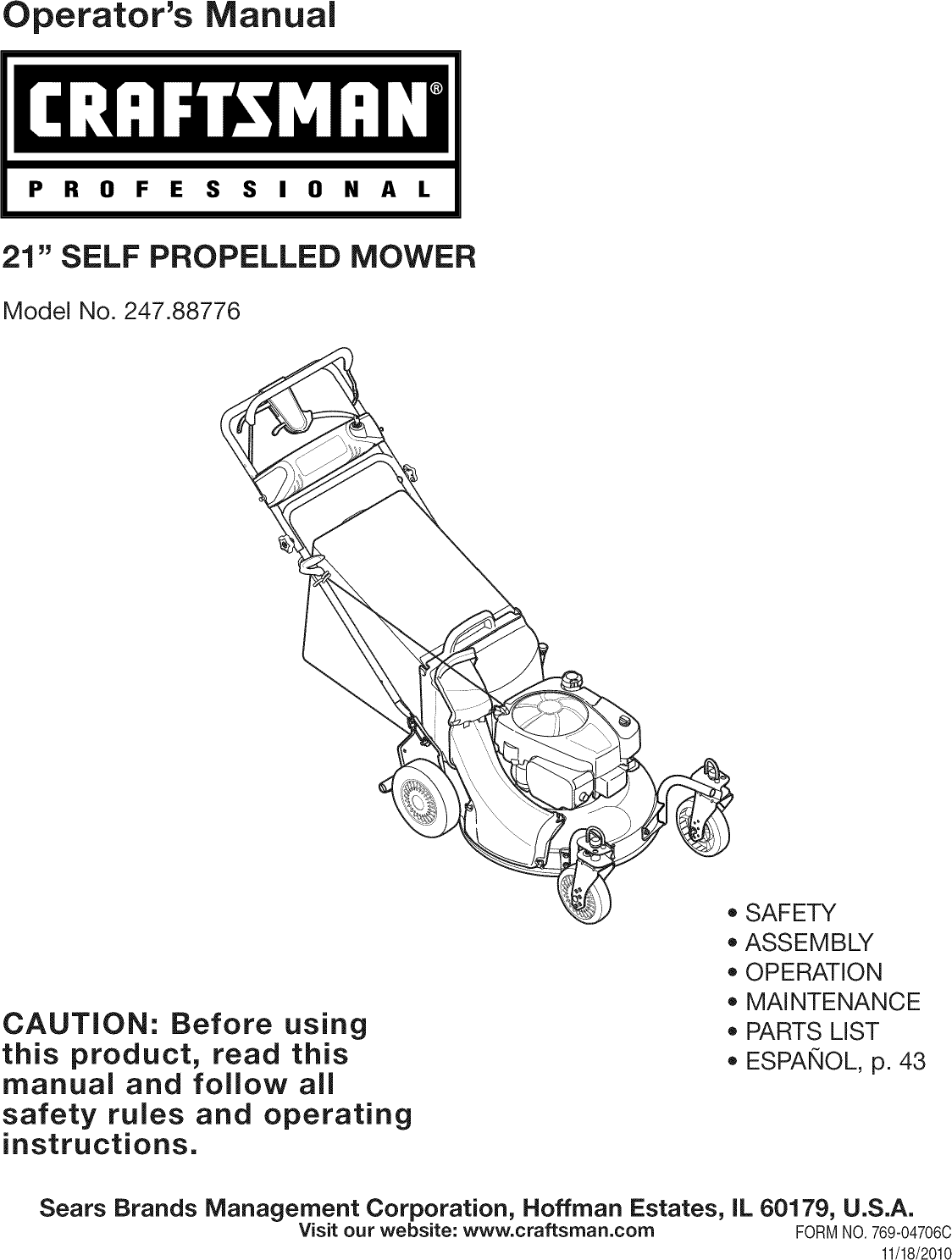 Craftsman 247887760 User Manual 21 SELF PROPELLED MOWER Manuals And ...
