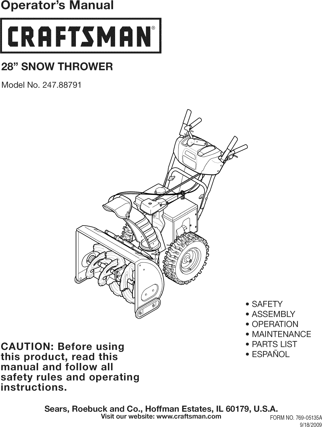 Craftsman 247887910 User Manual SNOW THROWER Manuals And Guides L0909524