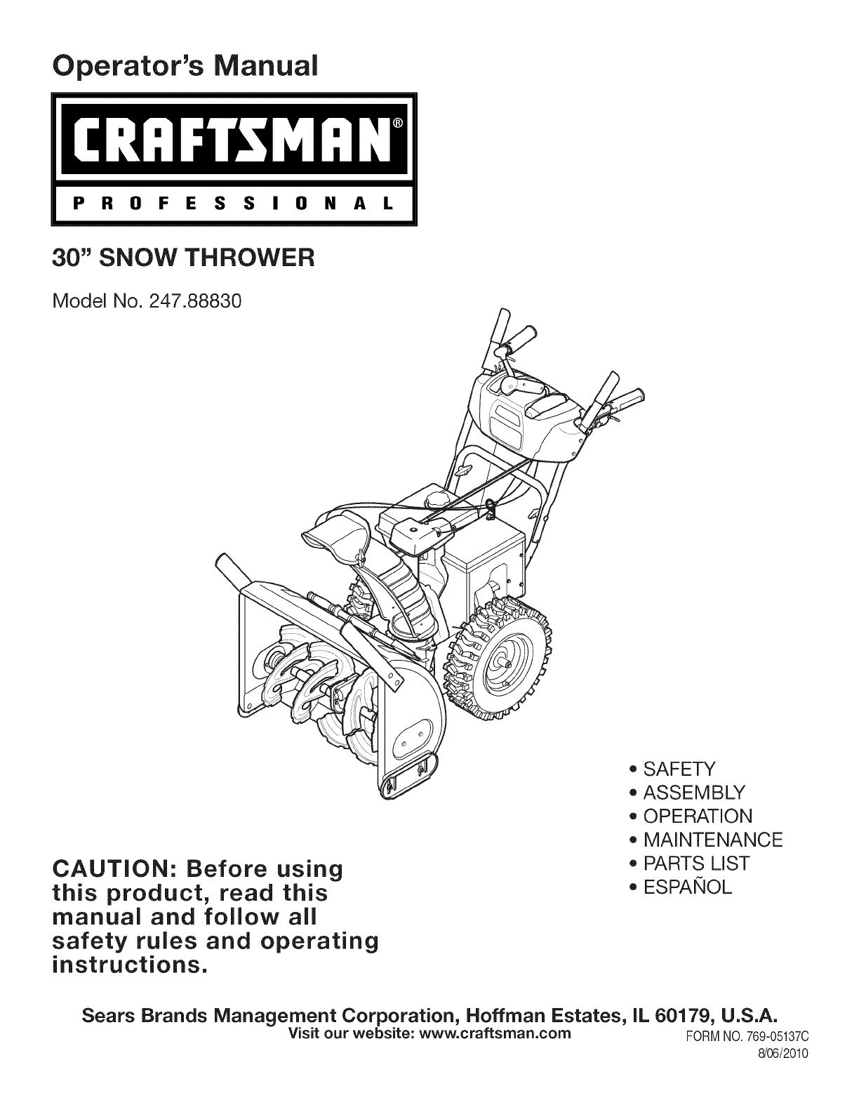 Craftsman 247888300 User Manual SNOW THROWER Manuals And Guides 1008736L