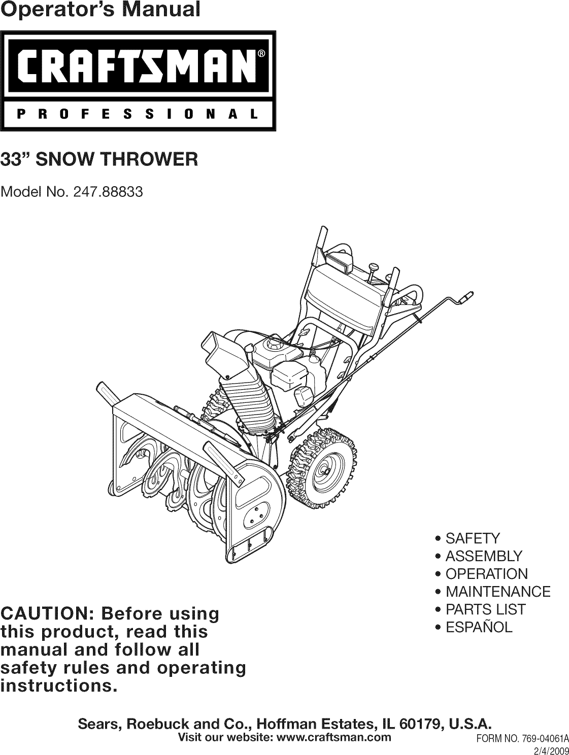 Craftsman 24788833 User Manual SNOW THROWER Manuals And Guides L0902228