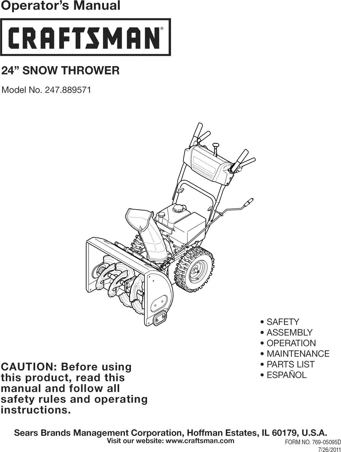 Craftsman 247889571 User Manual 24 SNOW THROWER Manuals And Guides 1108042L