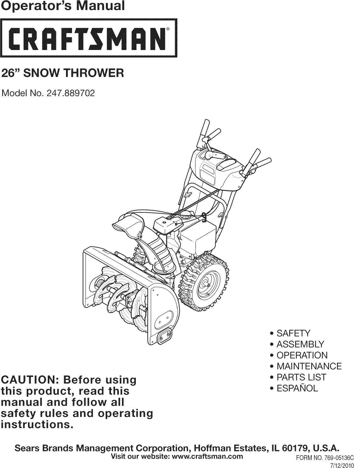 Craftsman 247889702 User Manual 26 SNOW THROWER Manuals And Guides 1008003L