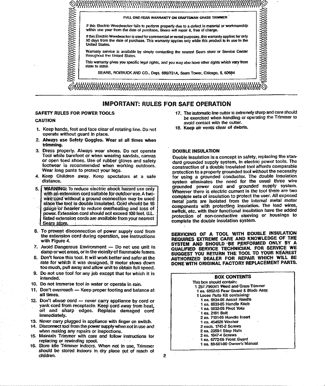 Page 2 of 8 - Craftsman 257796041 User Manual  ADJUSTABLE HANDLE WEED AND GRASS TRIMMER - Manuals Guides L0707268