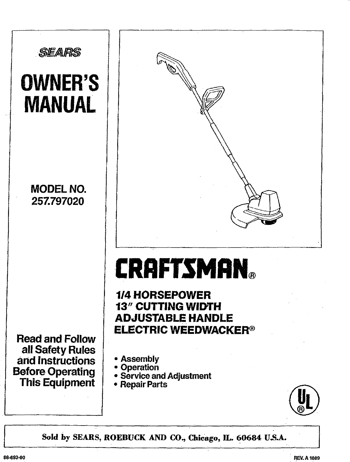 Page 1 of 8 - Craftsman 257797020 User Manual  13 ELECTRIC WEEDWACKER - Manuals And Guides L0707272