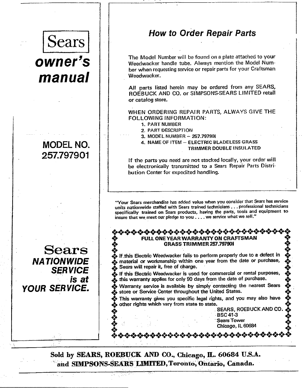 Page 6 of 6 - Craftsman 257797901 User Manual  ELECTRIC WEEDWACKER - Manuals And Guides L0707278