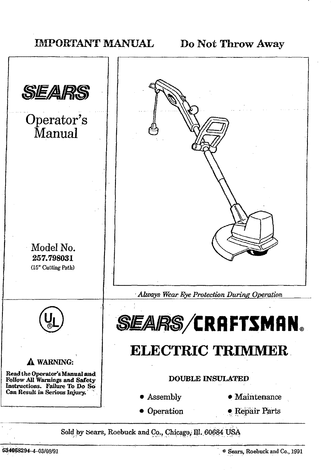 Craftsman 257798031 User Manual TRIMMER Manuals And Guides L0707276