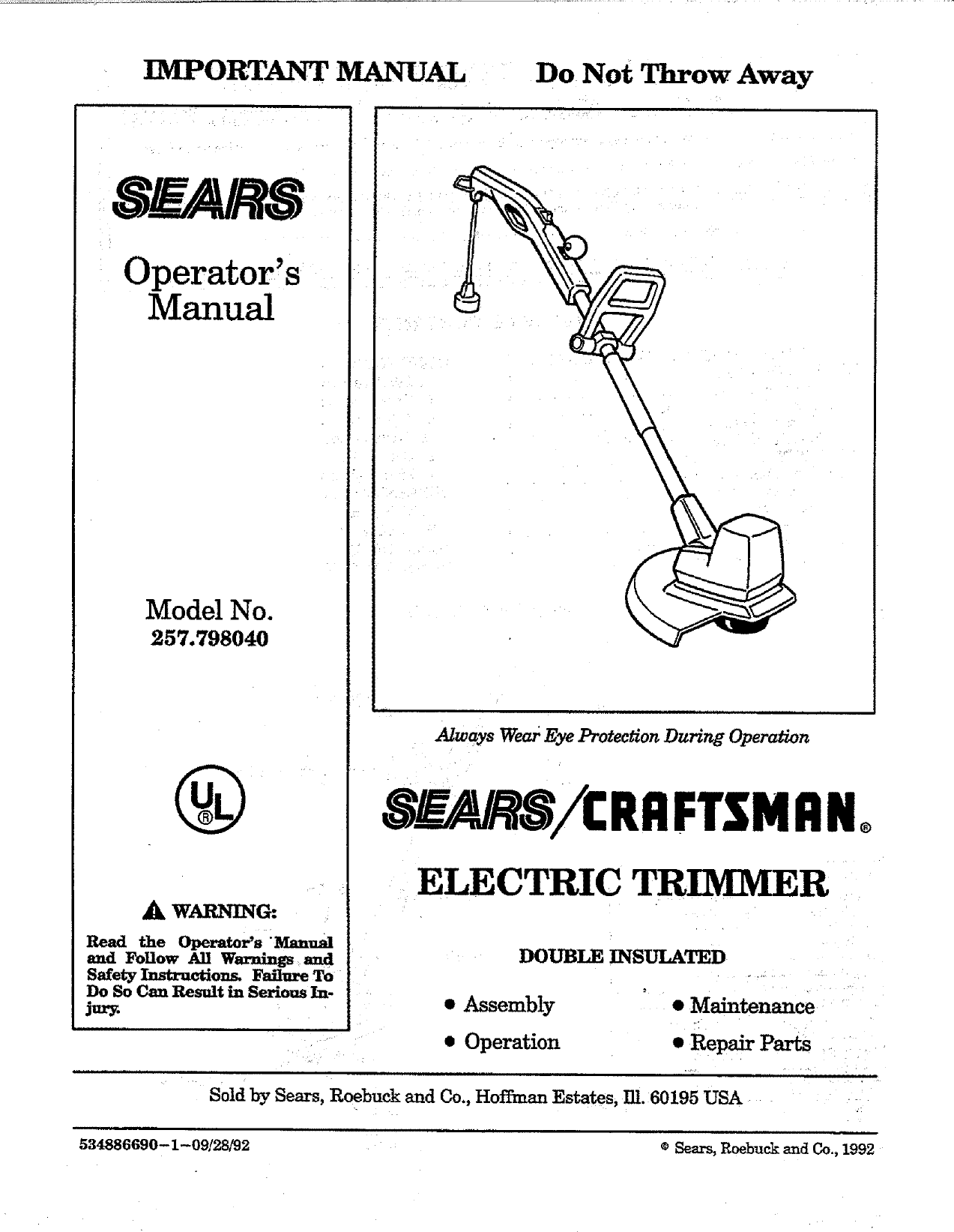 Craftsman Electric Weed Eater Manual