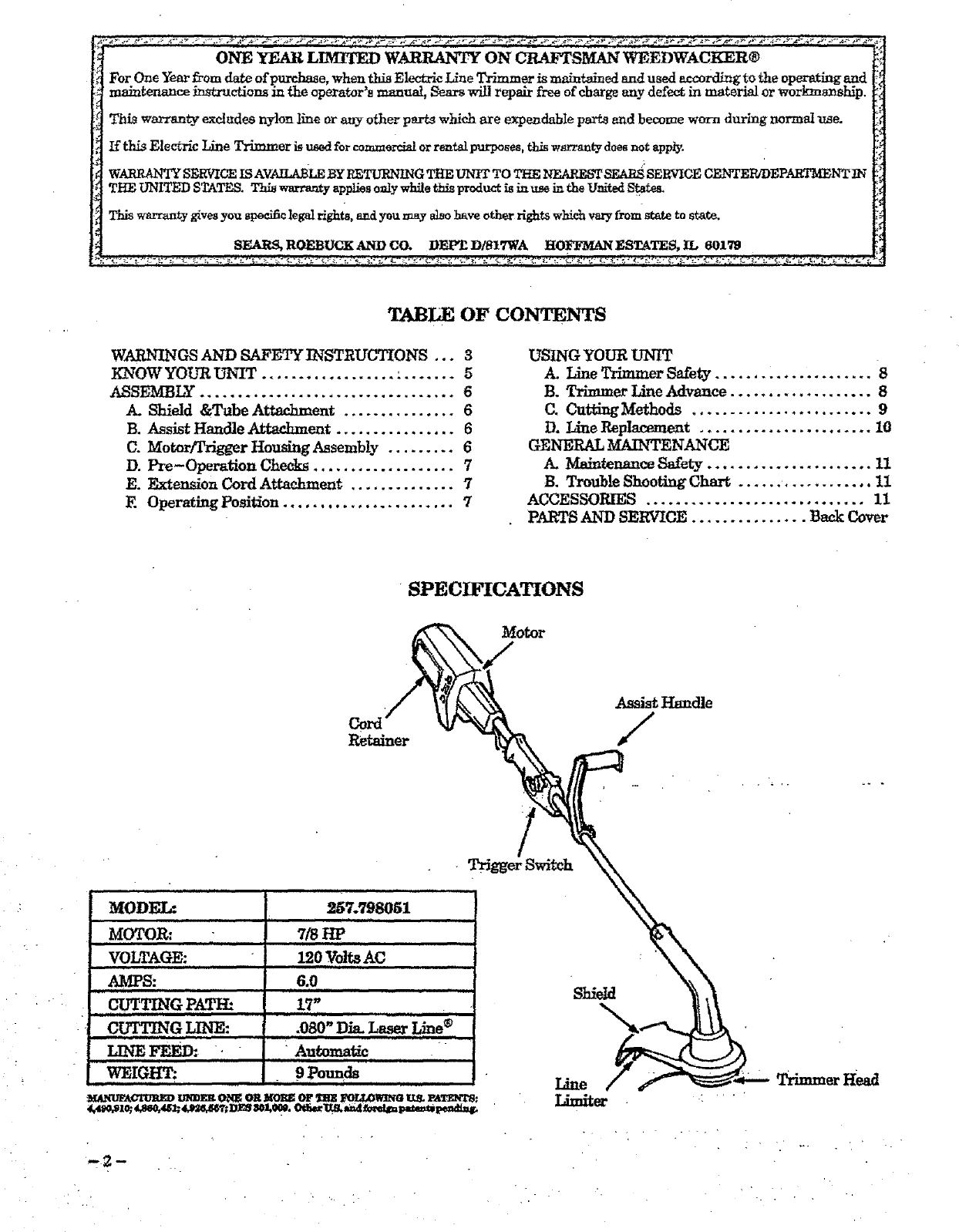 Page 2 of 12 - Craftsman 257798051 User Manual  TRIMMER - Manuals And Guides L0707277