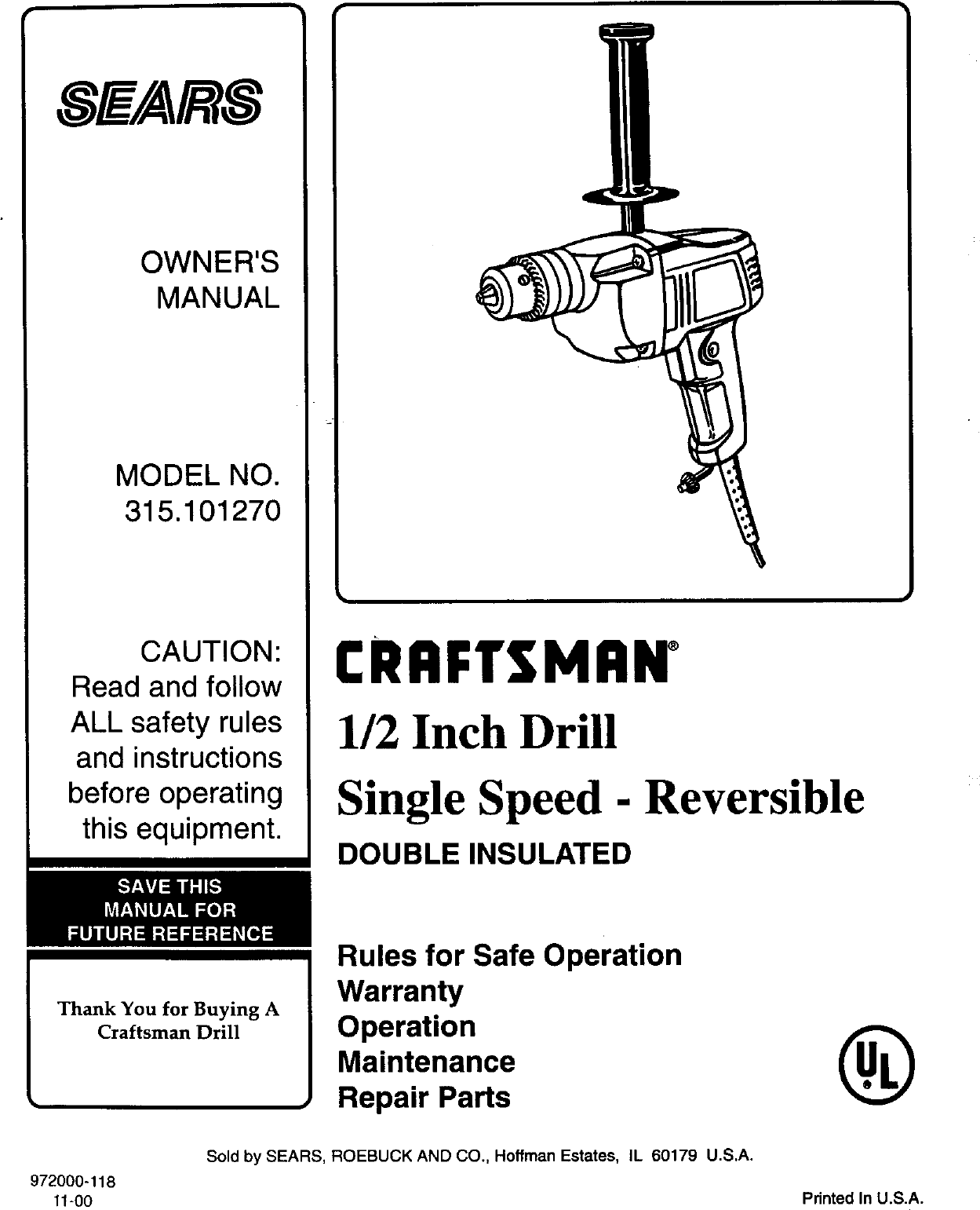Page 1 of 12 - Craftsman 315101270 User Manual  1/2IN SINGLE SPEED REVERSIBLE DRILL - Manuals And Guides L0012021