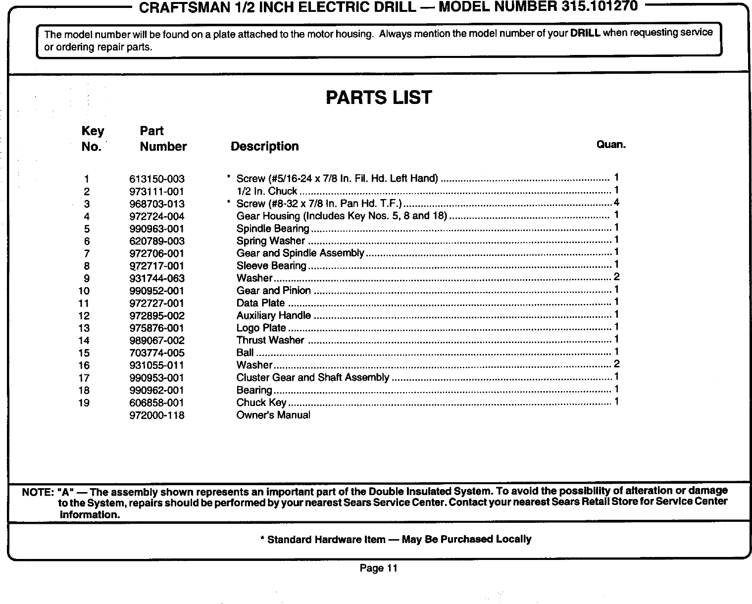 Page 11 of 12 - Craftsman 315101270 User Manual  1/2IN SINGLE SPEED REVERSIBLE DRILL - Manuals And Guides L0012021