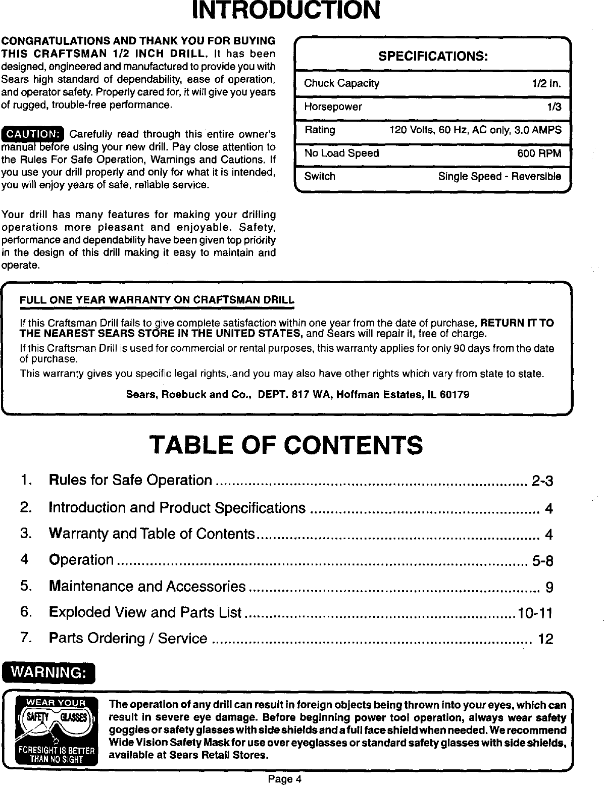 Page 4 of 12 - Craftsman 315101270 User Manual  1/2IN SINGLE SPEED REVERSIBLE DRILL - Manuals And Guides L0012021