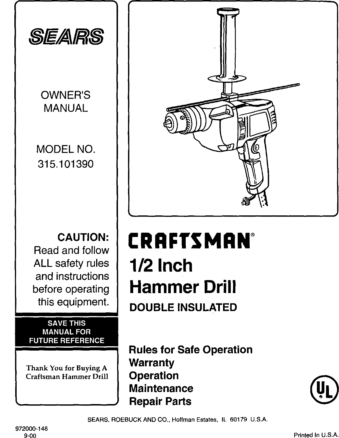 Craftsman 315101390 User Manual 1/2 INCH HAMMER DRILL Manuals And
