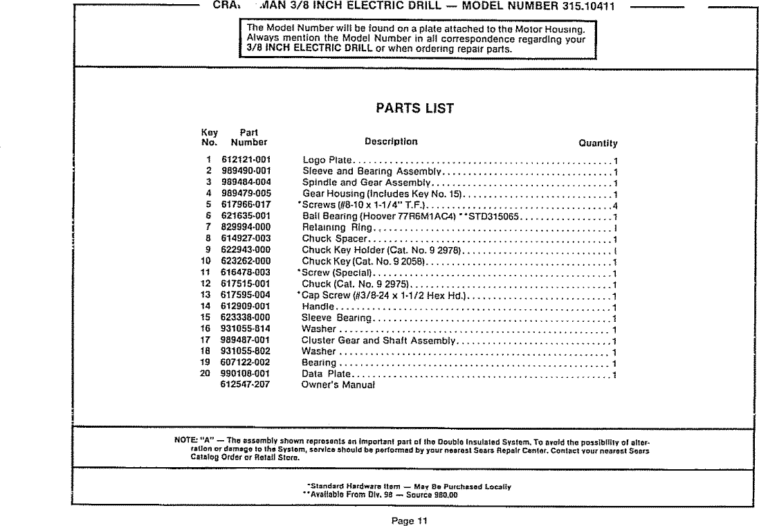 Page 11 of 12 - Craftsman 31510411 User Manual  3/8 INCH ELECTRIC DRILL - Manuals And Guides 1006753L