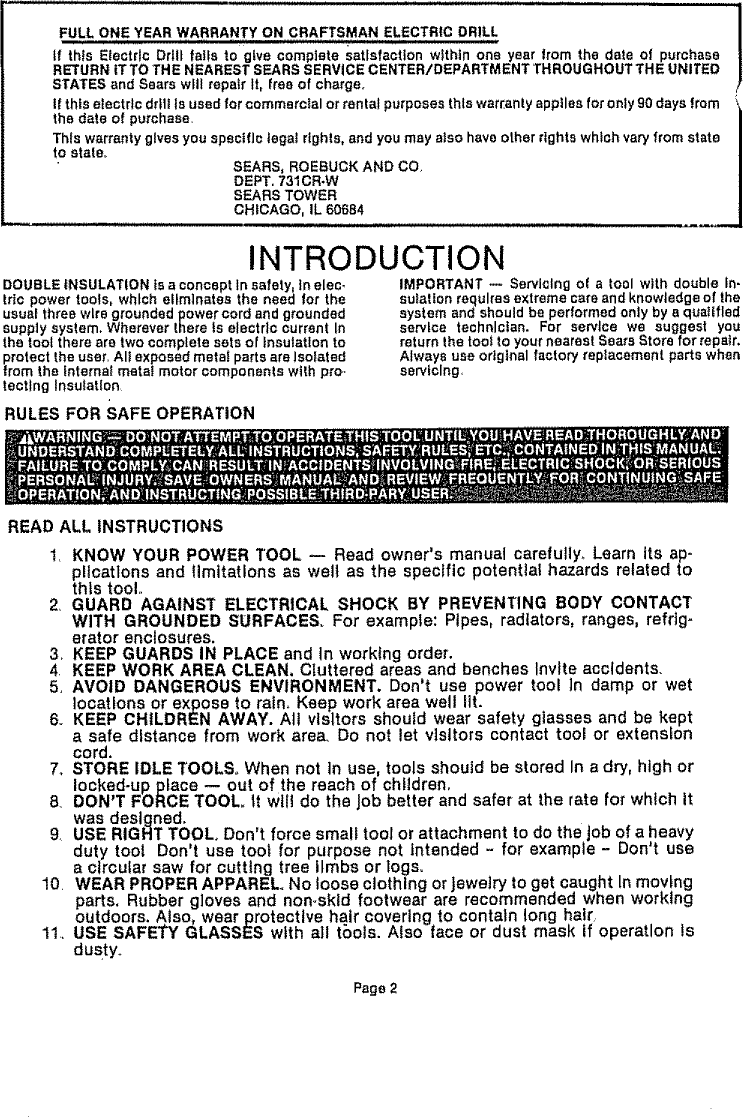 Page 2 of 12 - Craftsman 31510411 User Manual  3/8 INCH ELECTRIC DRILL - Manuals And Guides 1006753L