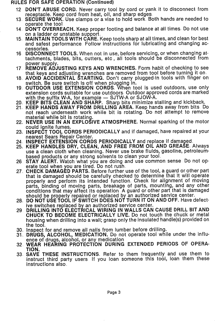 Page 3 of 12 - Craftsman 31510411 User Manual  3/8 INCH ELECTRIC DRILL - Manuals And Guides 1006753L