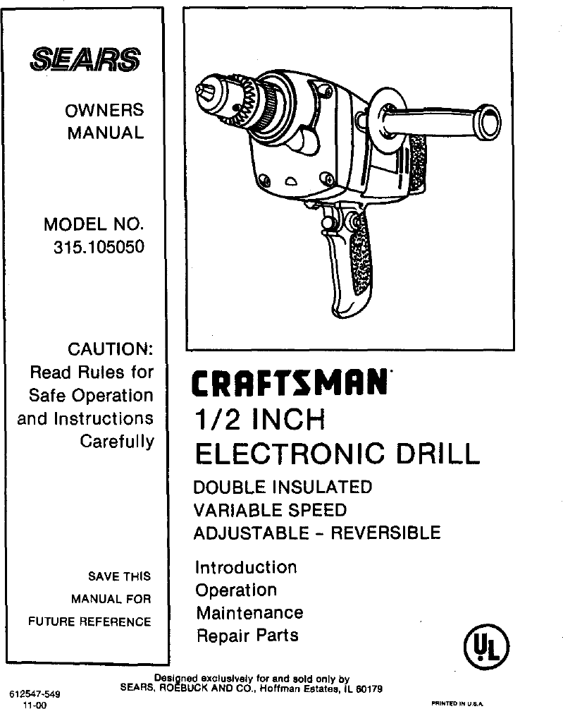 Page 1 of 12 - Craftsman 315105050 User Manual  1/2 ELECTRONIC DRILL - Manuals And Guides L0012019