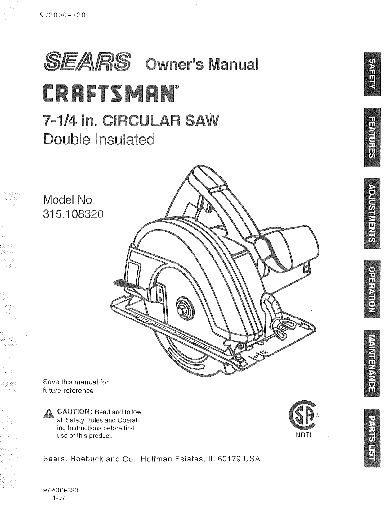 Craftsman 315108320 1109721L User Manual CIRCULAR SAW Manuals And Guides