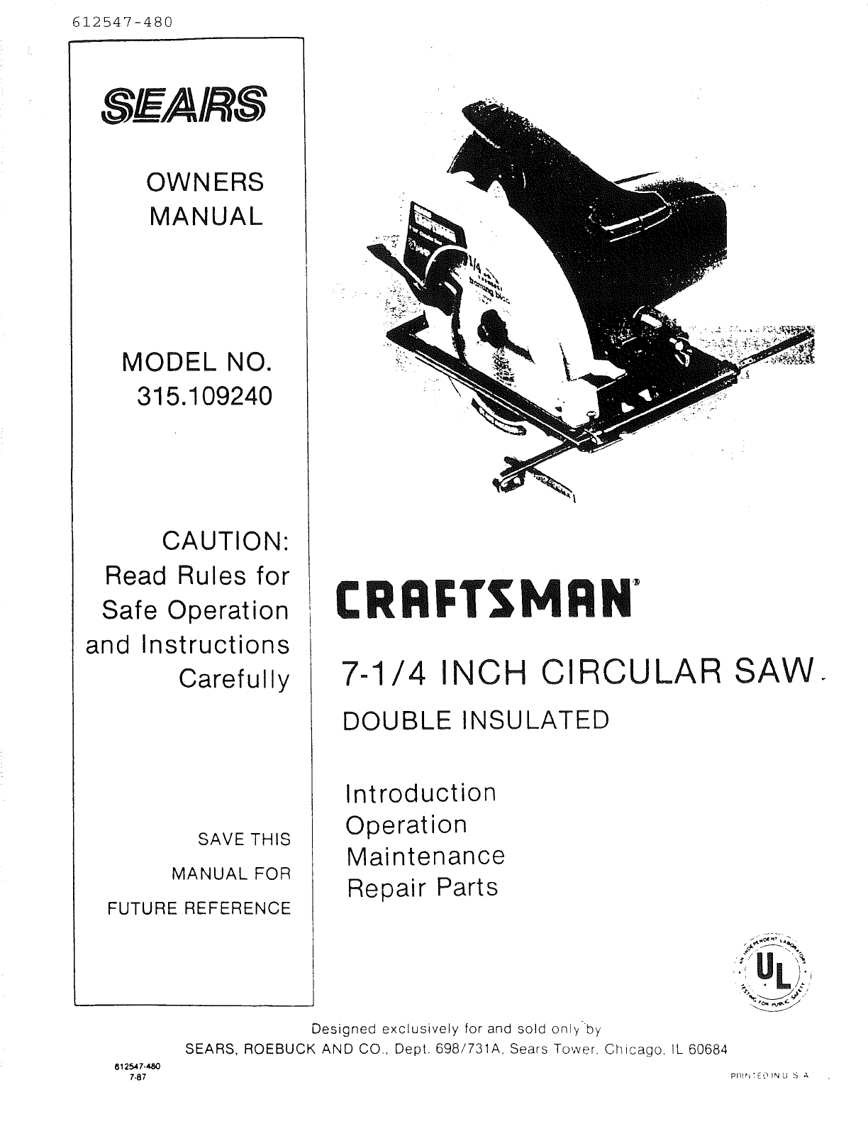 Craftsman 315109240 User Manual 7 1/4 IN. CIRCULAR SAW Manuals And