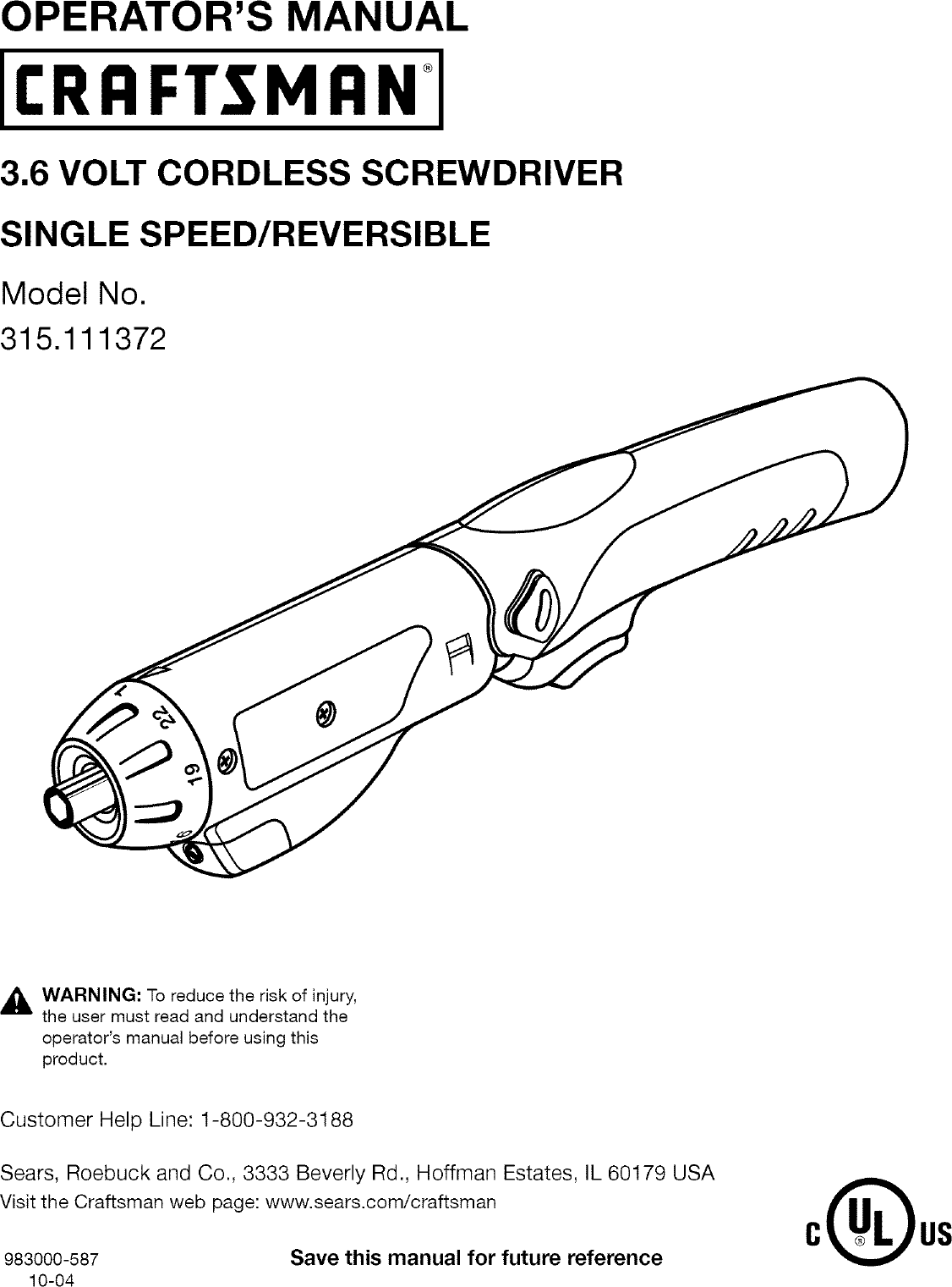 Craftsman 315111372 User Manual SCREWDRIVER Manuals And Guides L0410284