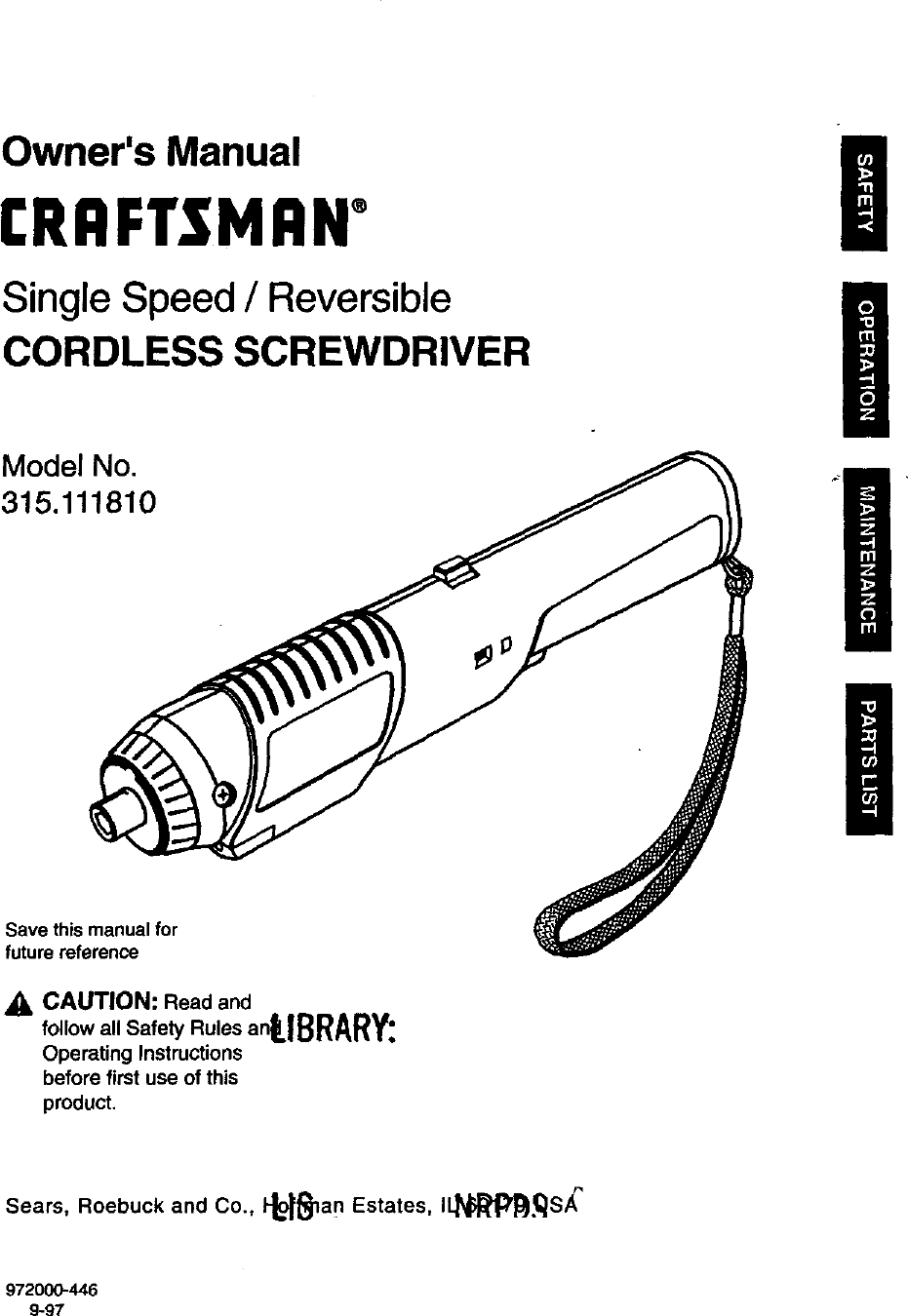 Page 1 of 12 - Craftsman 315111810 User Manual  SINGLE SPEED REVERSIBLE CORDLESS SCREWDRIVER - Manuals And Guides 98100166