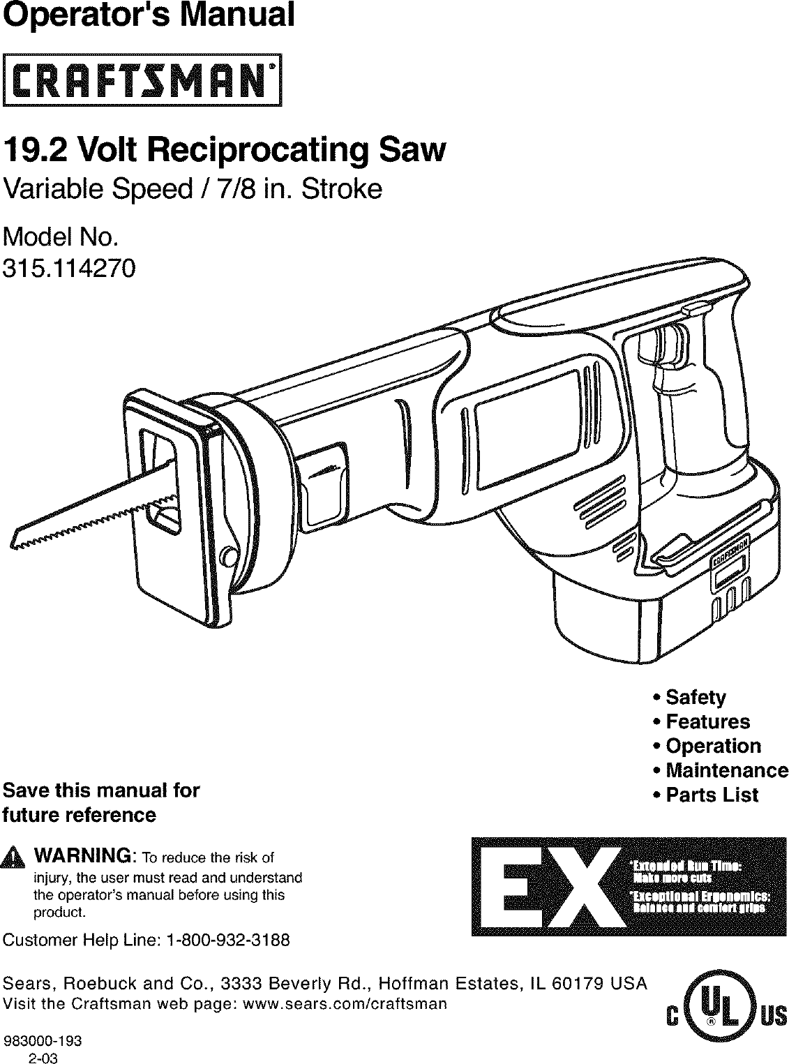 Craftsman 315114270 User Manual RECIPROCATING SAW Manuals And Guides L0310343
