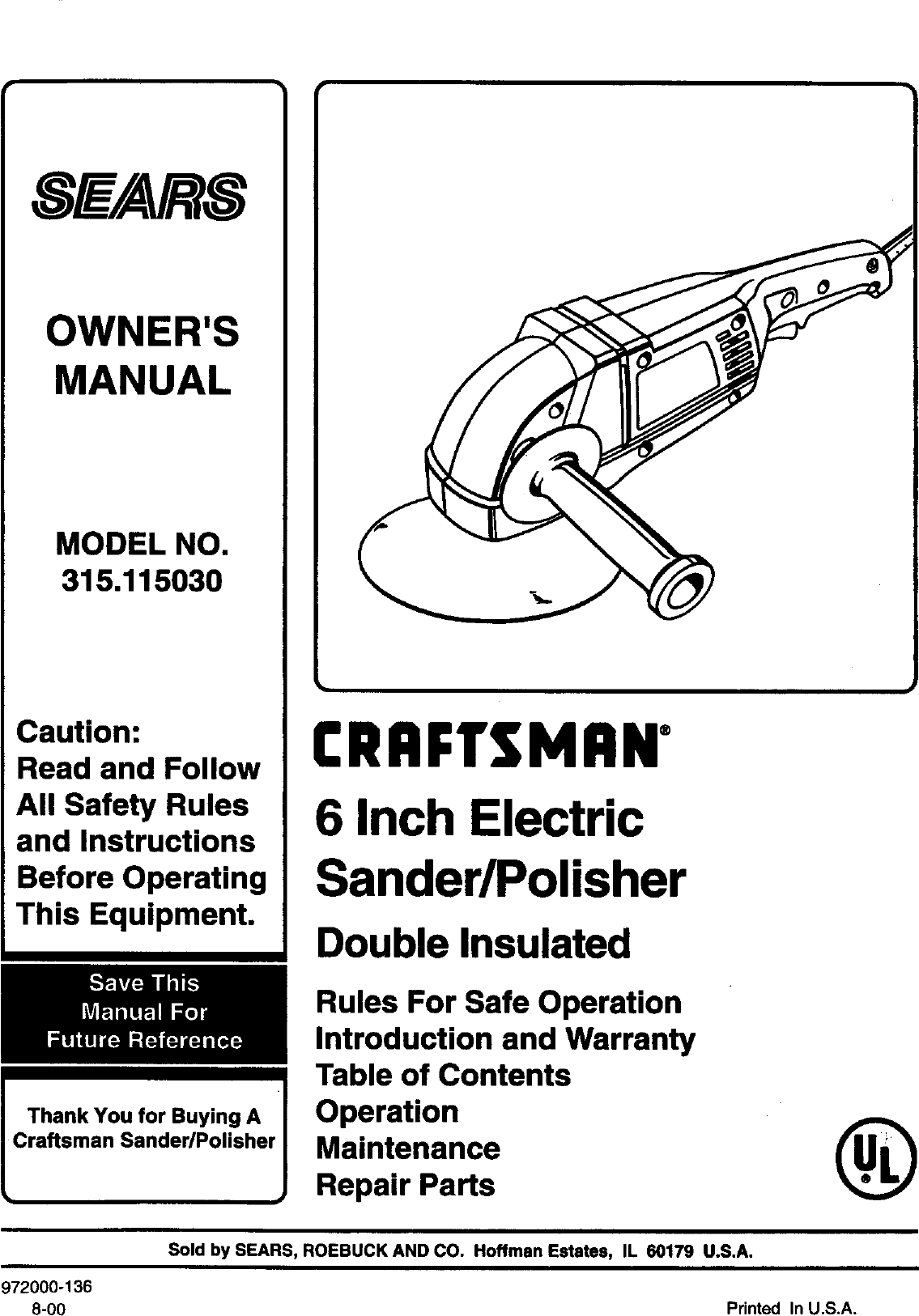 Craftsman 315115030 User Manual SANDER/POLISHER Manuals And Guides L0090117