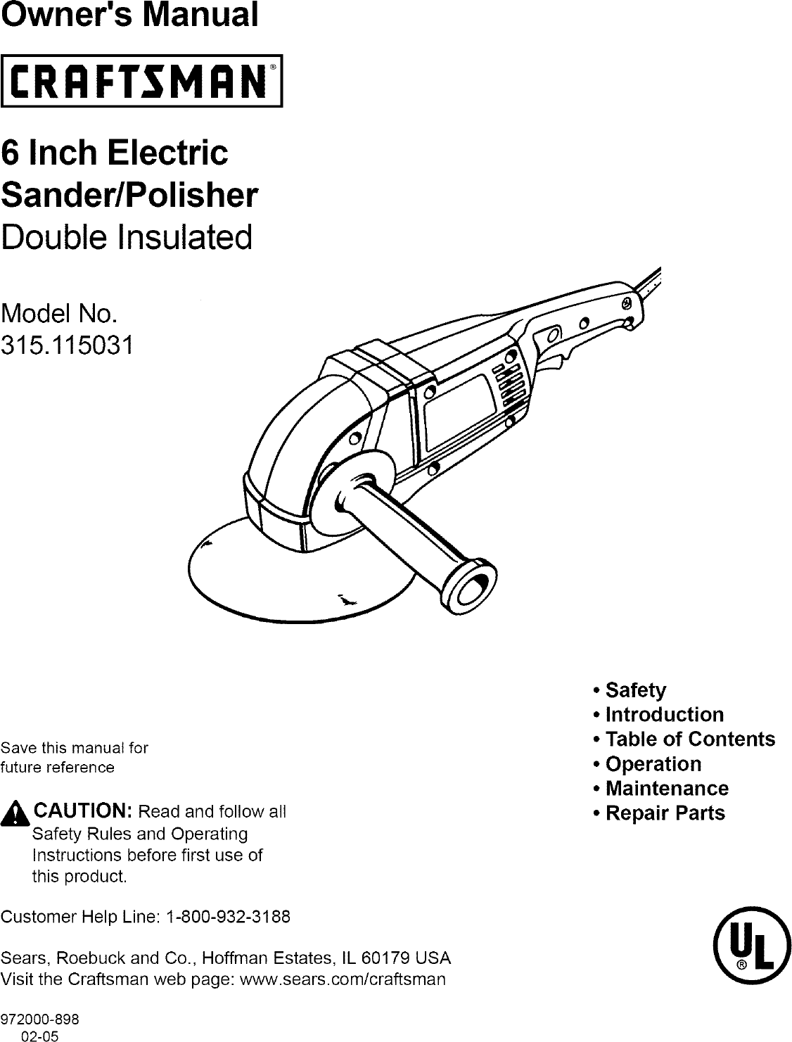 Craftsman 315115031 User Manual SANDER/POLISHER Manuals And Guides L0503102