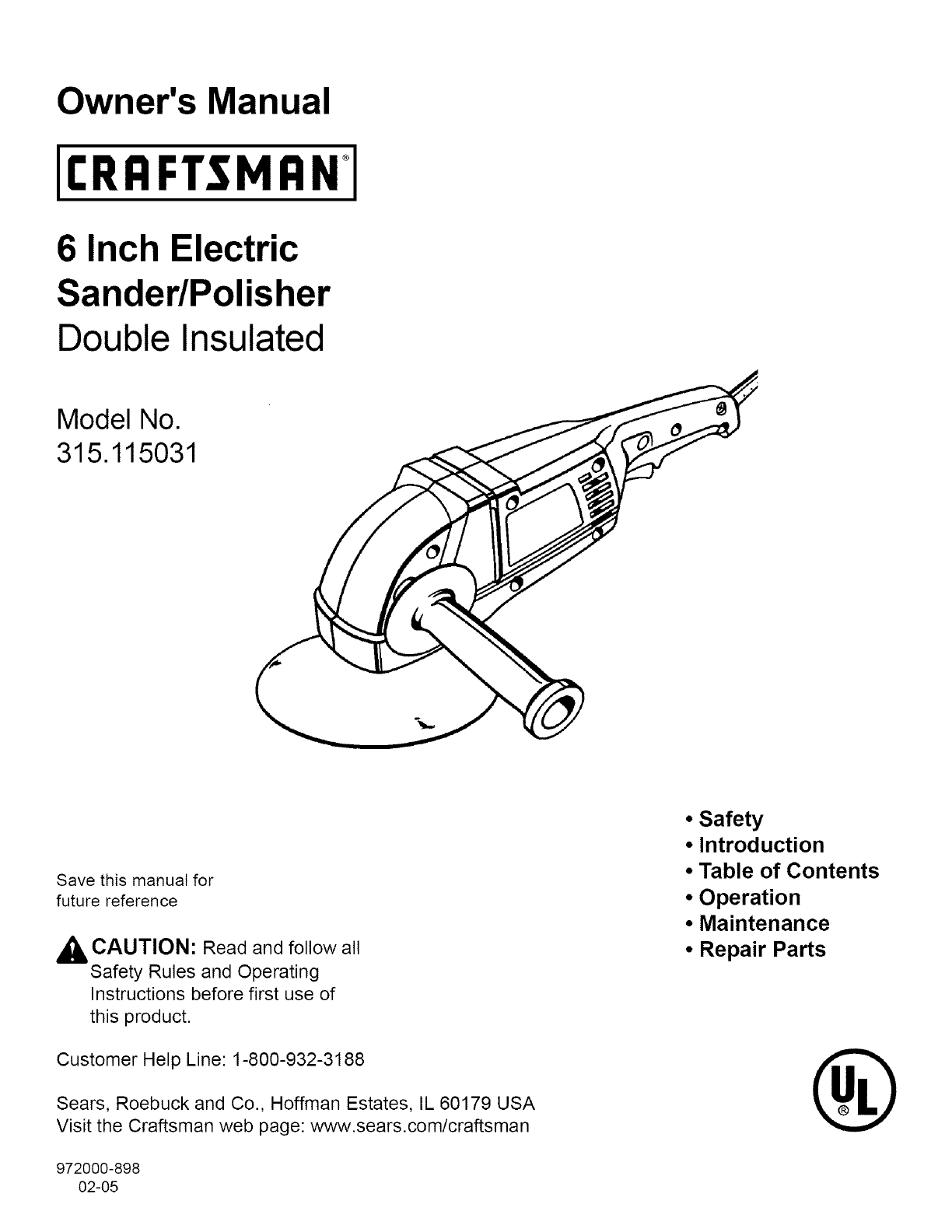 Craftsman 315115031 User Manual SANDER/POLISHER Manuals And Guides L0503102