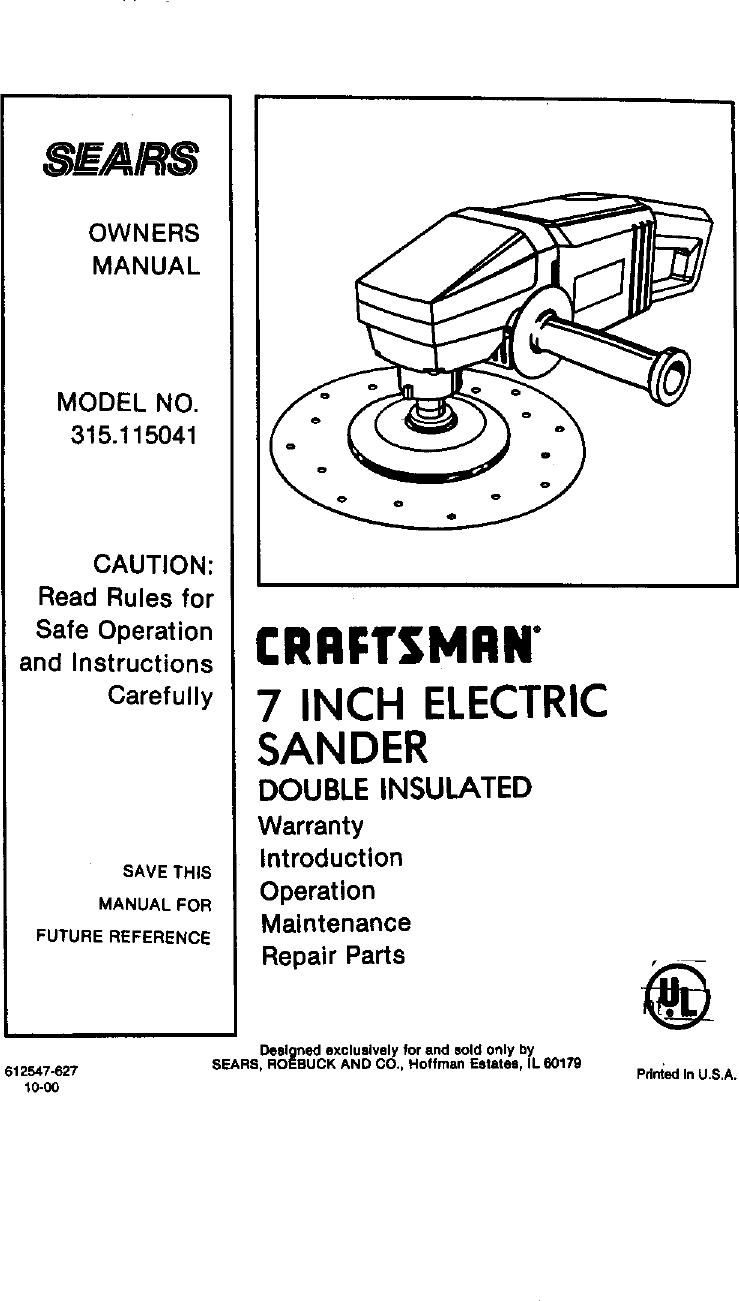 Page 1 of 12 - Craftsman 315115041 User Manual  SANDER - Manuals And Guides L0011169