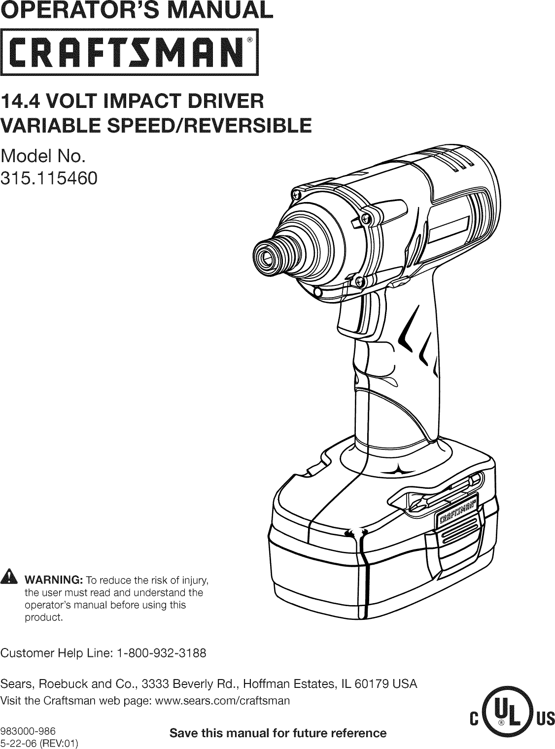 Craftsman 315115460 User Manual 14.4 VOLT IMPACT DRIVER Manuals And