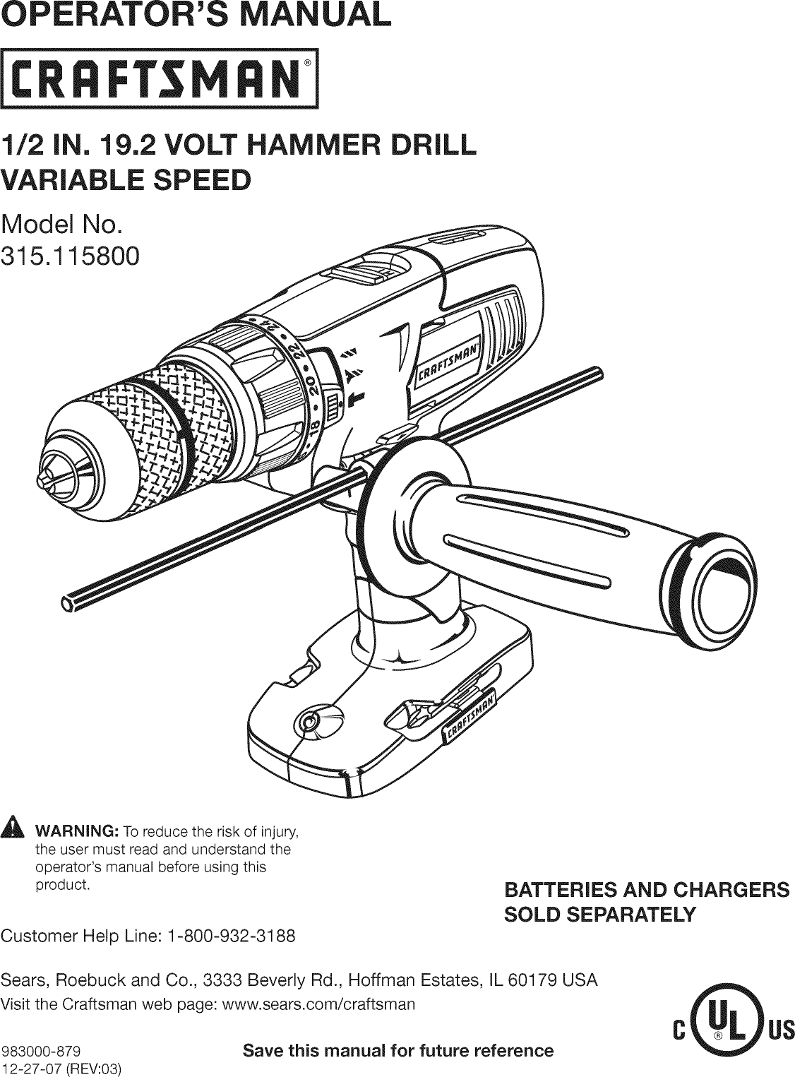 Craftsman 315115800 User Manual HAMMER DRILL Manuals And Guides L0809499