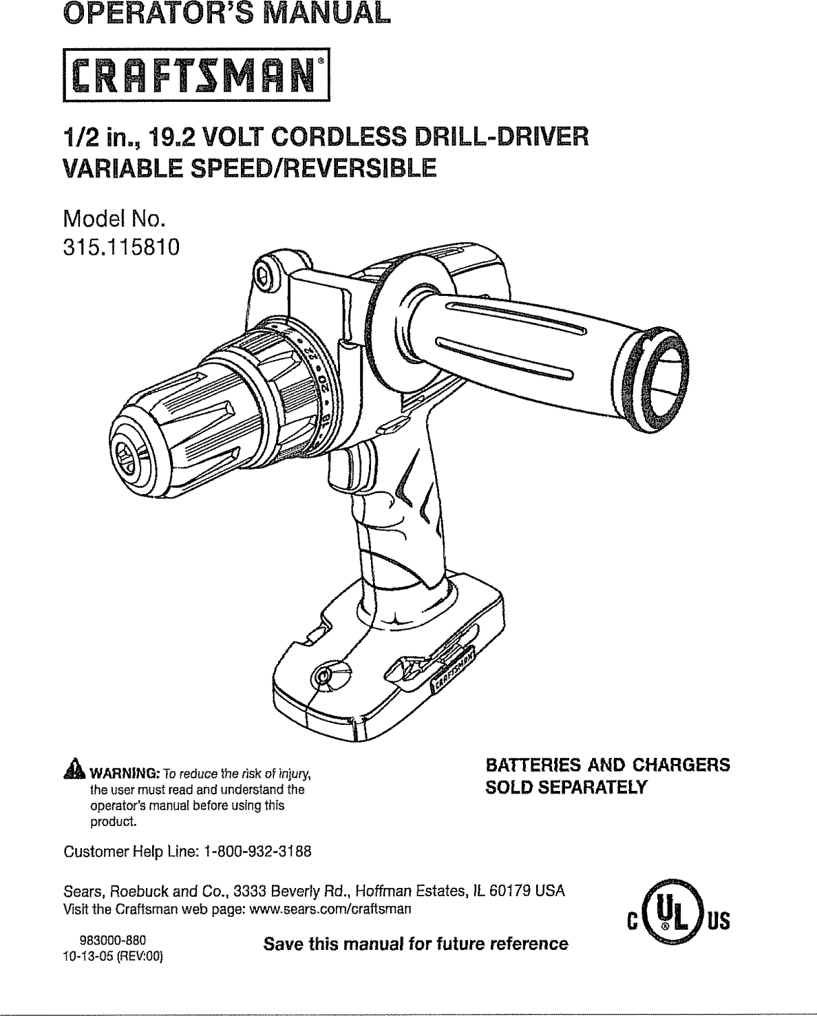 Craftsman 315115810 User Manual CORDLESS DRILL DRIVER Manuals And