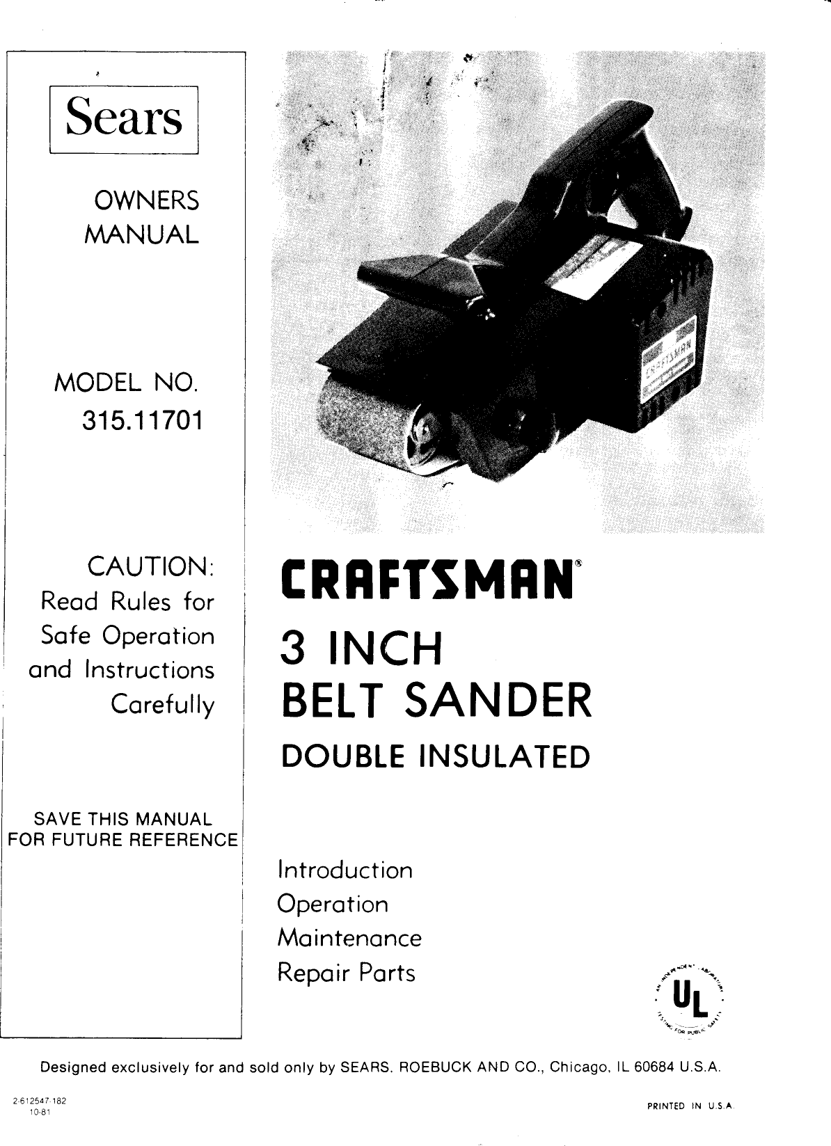 Page 1 of 11 - Craftsman 31511701 1010187L User Manual  3 INCH BELT SANDER - Manuals And Guides