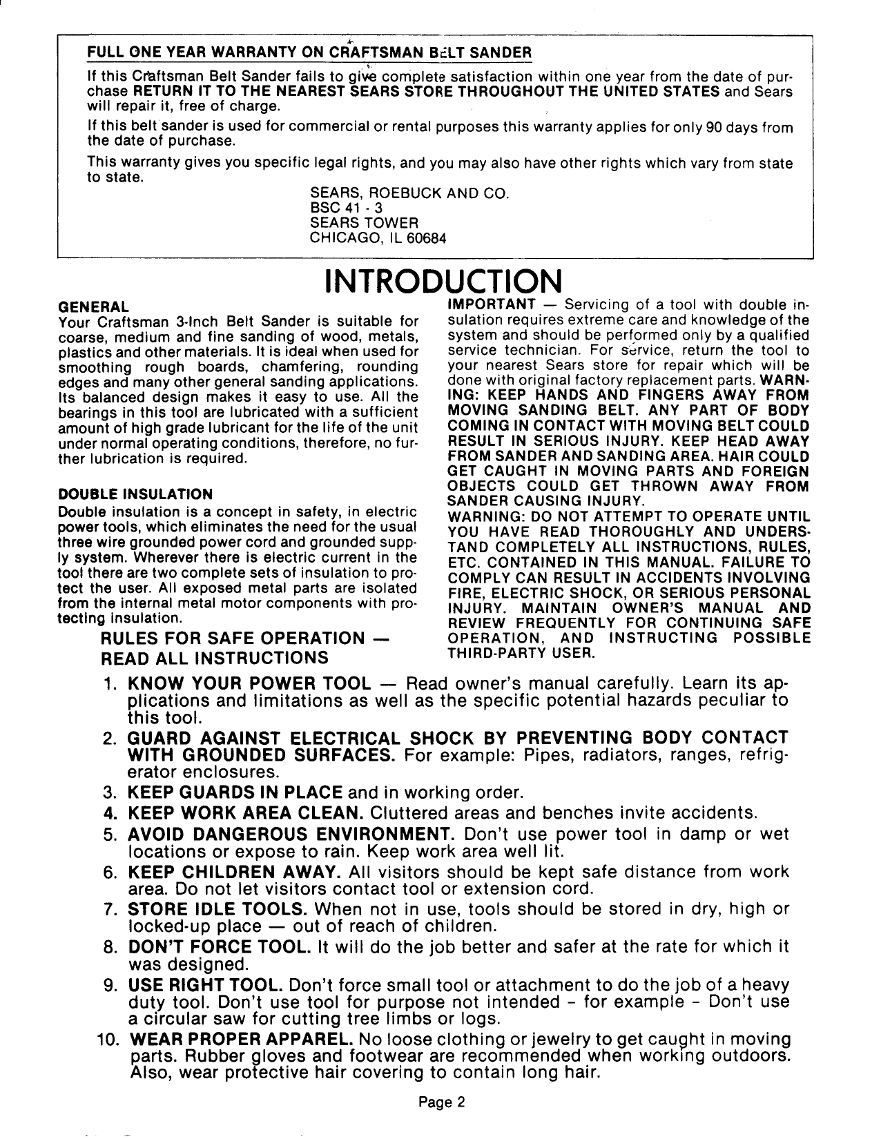 Page 2 of 11 - Craftsman 31511701 1010187L User Manual  3 INCH BELT SANDER - Manuals And Guides