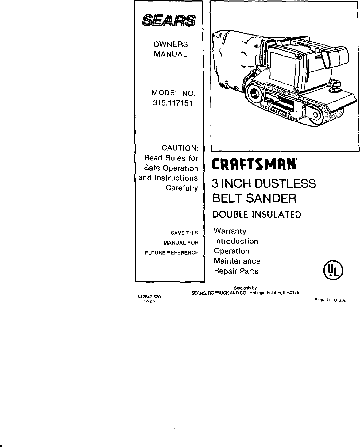 Craftsman 315117151 User Manual 3 INCH DUSTLESS BELT SANDER ...