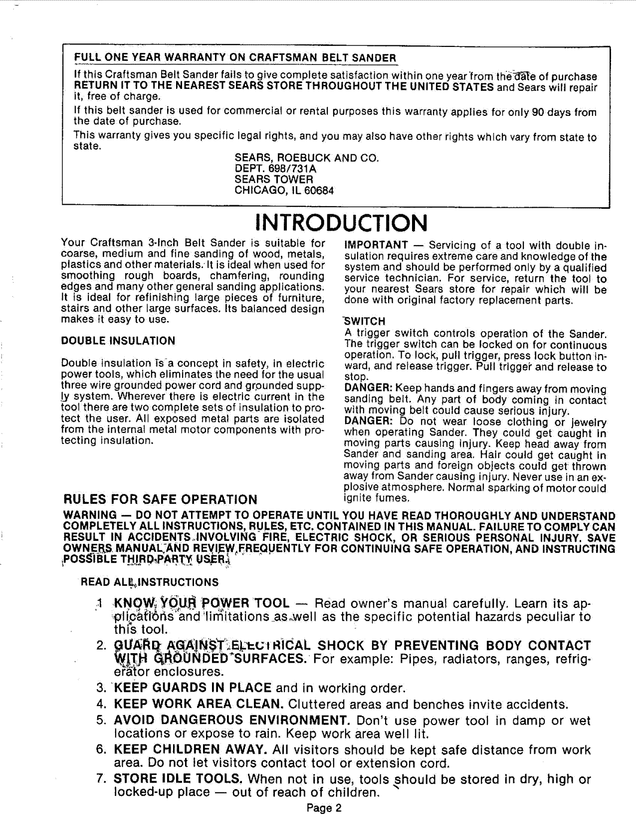 Page 2 of 12 - Craftsman 31511721 User Manual  3 INCH BELT SANDER - Manuals And Guides L0807584