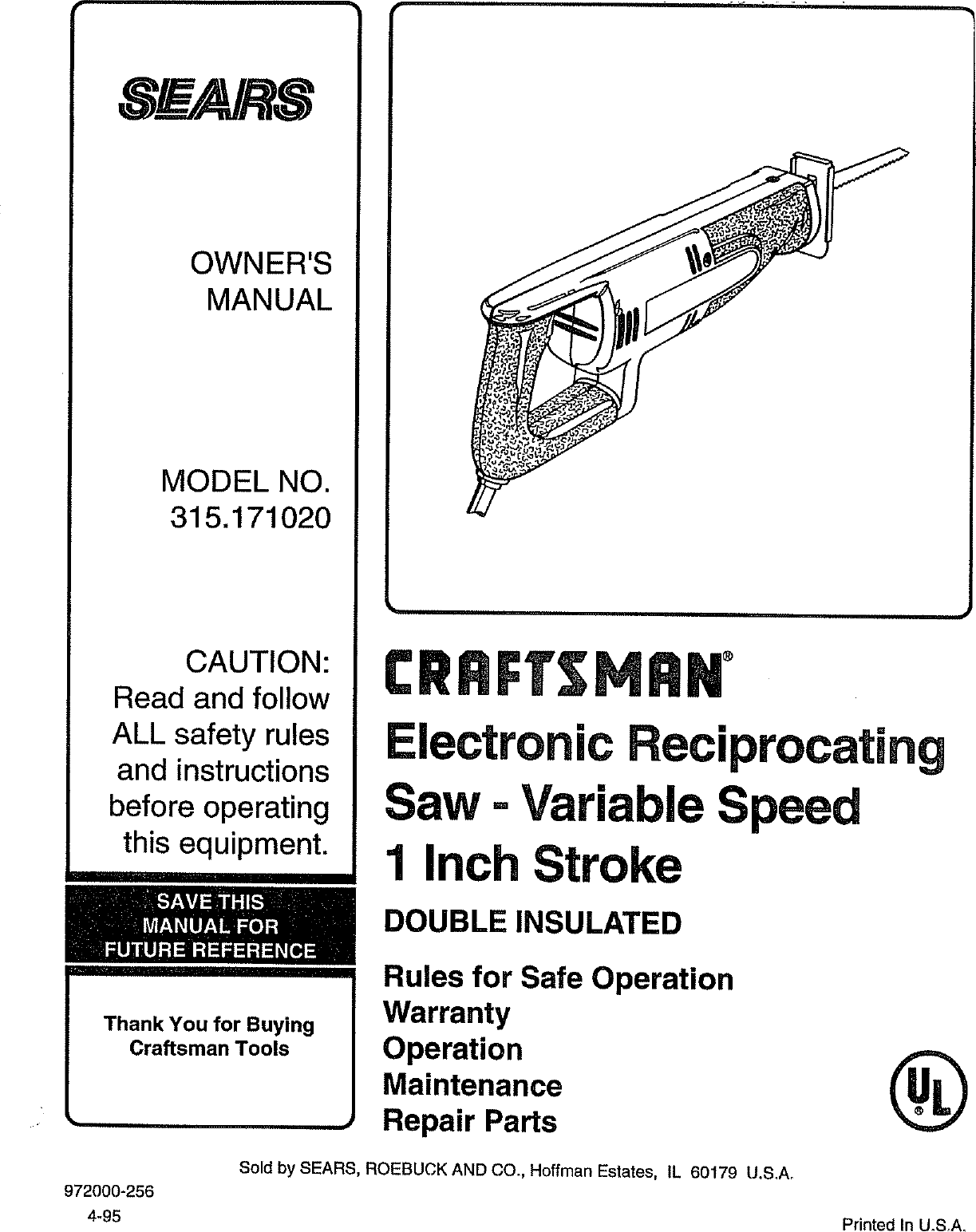 Craftsman 315171020 User Manual RECIPROCATING SAW Manuals And Guides