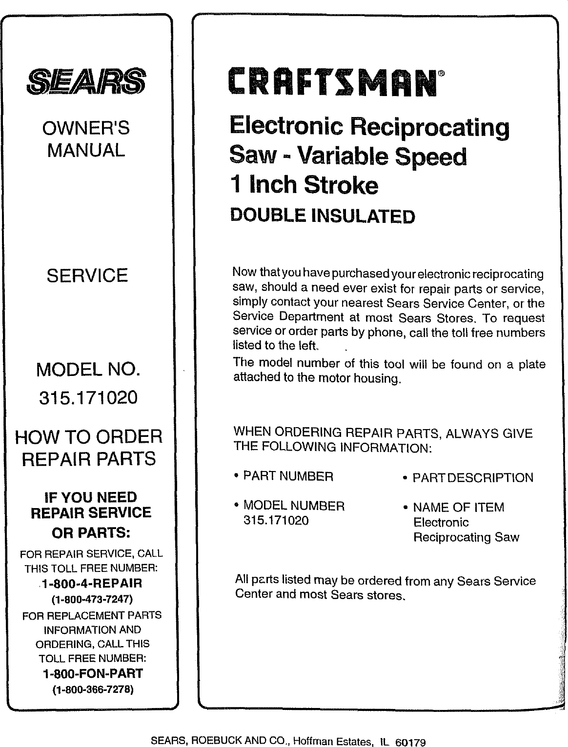 Craftsman 315171020 User Manual RECIPROCATING SAW Manuals And Guides